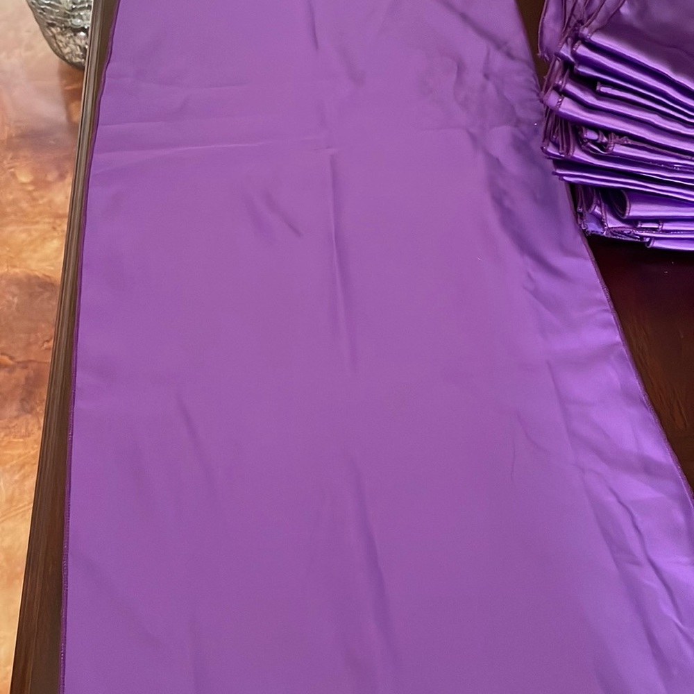 Set of 9 used purple satin table runners 12x108 inches